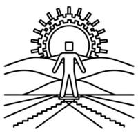 Abstract human figure standing on a path with mechanical sun and mountains future technology and progress concept vector