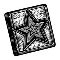 Intricate woodcut star design on tilted square block, monochrome illustration vector
