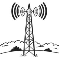 Radio transmission tower in field, black and white illustration of signal waves emitting vector