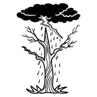 stormy tree under dark clouds with lightning and rain nature's fury, barren tree silhouette, dramatic weather illustration vector