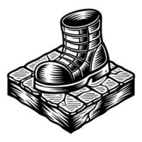 Monochrome military boot illustration on cobblestone platform vector