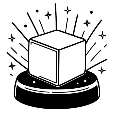 Glowing ice cube with sparkling accents on round base in monochrome design