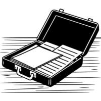 open briefcase with documents on wooden table, workspace business concept, monochrome illustration vector