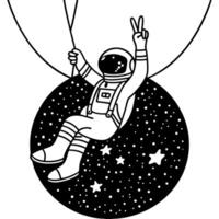 astronaut floating on a starry planet, making peace sign in space black and white illustration of cosmic exploration and adventure vector