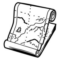 illustrated treasure map, scroll with landmarks and mountain trails for adventure exploration vector