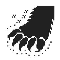 Pixelated bear paw print icon, retro game art, black and white pixel design vector