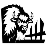 stylized bison emblem with horns and fence in black and white illustration vector
