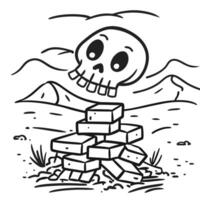 skull and bricks in desert landscape surreal illustration of minimalistic scene with mountains vector