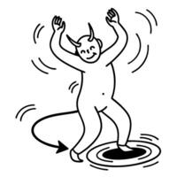 Dancing devil character, playful illustration with horns and tail in dynamic movement vector