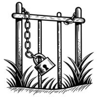 locked fence with padlock and chain in monochrome security and restriction concept, black and white illustration vector