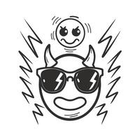 Devilish smile face with sunglasses and horns, surrounded by lightning bolts vector