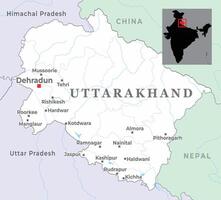 Uttarakhand is a state of India showing district map with neighbour state and country vector