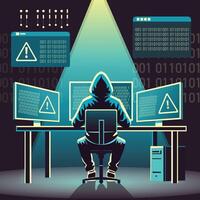 Hacker sitting in a dark room with multiple screens, symbolising cyber attack and digital security breach vector