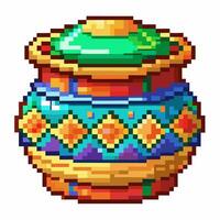 Colorful Pixel Art Pot with Vibrant Geometric Patterns in Retro Style vector
