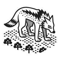 Illustrated wolf in forest landscape with geometric patterns vector