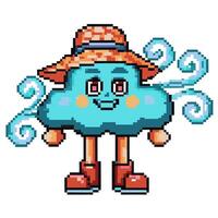 Smiling pixelated cloud with hat and boots, whimsical retro vector
