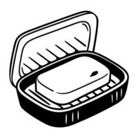 Simple line art of soap dish with bar, focus on hygiene and cleanliness in minimalist vector