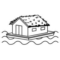 Floating house with thatched roof on water simple line art depicts tranquility and adaptability vector