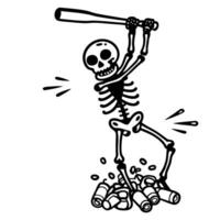 skeleton with bat smashing cans, dynamic black and white illustration of action and destruction vector