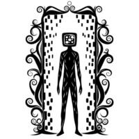 abstract humanoid figure with monitor head surrounded by intricate floral patterns vector