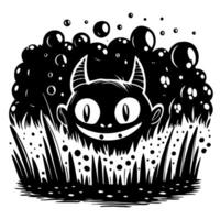 devil character hiding playfully in grass with mischievous smile, surrounded by bubbles vector