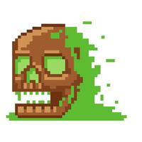 Pixelated green skull with glitch effect game art, retro 8 bit style, digital decay vector