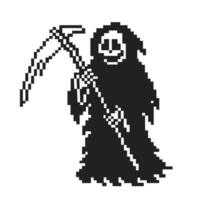 Pixel art grim reaper with scythe black and white retro game graphic, mortality symbol character vector