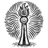 Whimsical flaming creature, black and white, abstract design smiling face, wavy lines radiating energy and joy vector
