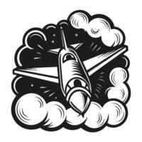 retro airplane soaring through clouds in black and white illustration vintage aviation, dynamic sketch, classic flight image vector
