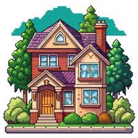 Charming Pixel Art House Surrounded by Lush Greenery and Trees vector