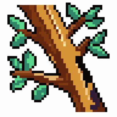 Pixelated Tree Branch with Leaves Retro 8 Bit Style Art