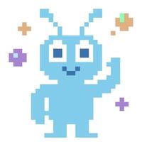Pixel art robot emoticon waving hello with colorful pixels and antennae vector