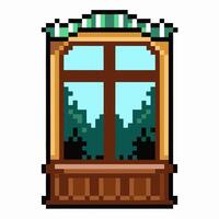 Pixel Art Window with Wooden Frame and Green Curtain, Retro Design, Nostalgic Vibes vector