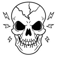 cracked skull illustration with lightning bolts grinning skull, monochrome edgy design vector