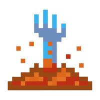Pixelated zombie hand emerging from the ground retro gaming style, earth pixels vector