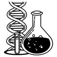 dna strand and chemistry flask with liquid, science and research concept laboratory experiment with genetic analysis, biotechnology symbol vector