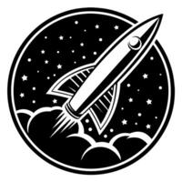 Retro rocket launching in night sky, surrounded by stars and clouds vintage space exploration symbol vector