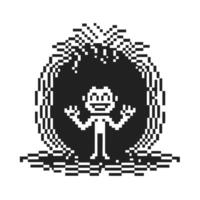 pixel art character exploring retro style, black and white pixelated design with glitch effect vector