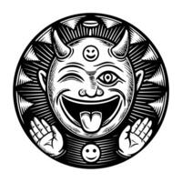 whimsical devil face with horns and emoji, intricate black and white sunburst design, playful expression vector