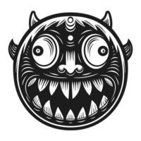 intricate black and white demon face, tribal art mythical creature with sharp teeth, intense eyes, fierce expression vector