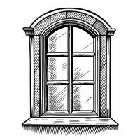 Hand drawn vintage window sketch, arched design, rustic architecture illustration, classic artistic style vector