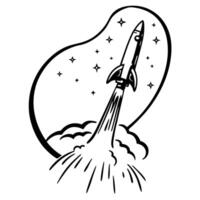 rocket blasting off into starry sky space exploration, adventure, technology and innovation in black and white illustration vector