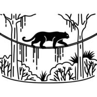 stylized black panther balanced on tree branch in dense jungle outline vector