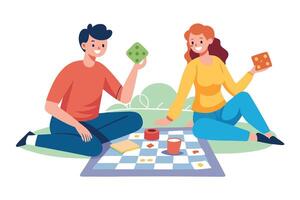 Smiling Man and Woman Playing a Board Game with Dice vector
