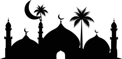 Mosque Silhouette with Crescent Moon and Palm Trees on White Background vector