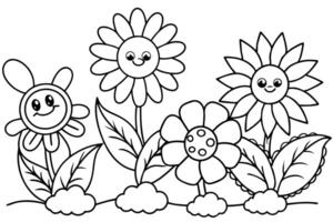 Smiling Cartoon Flowers, Outline with Leaves and Clouds, vector