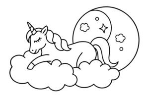 Unicorn Line Art with Moon, Cloud and Star in Cartoon Style vector