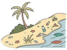 Cartoon Sandy Beach with Palm Tree, Rocks, Starfish, Grass, Bottles and Ocean View vector