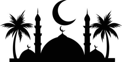 Crescent Moon Above Mosque Silhouette with Palm Trees on White Background vector