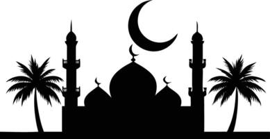 Black Silhouette of Mosque with Palm Trees and Crescent Moon on White Backdrop vector